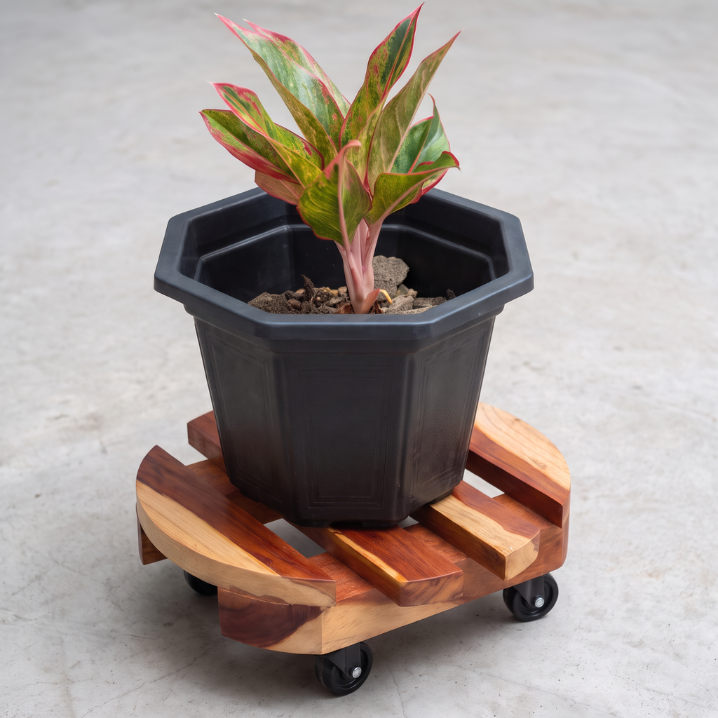 Base de madera de teca con ruedas sosteniendo una matera